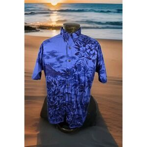 Chaps Ralph Lauren Hawaiian‎ Shirt Men's L Blue Tropical Scene Short Sleeve Flaw